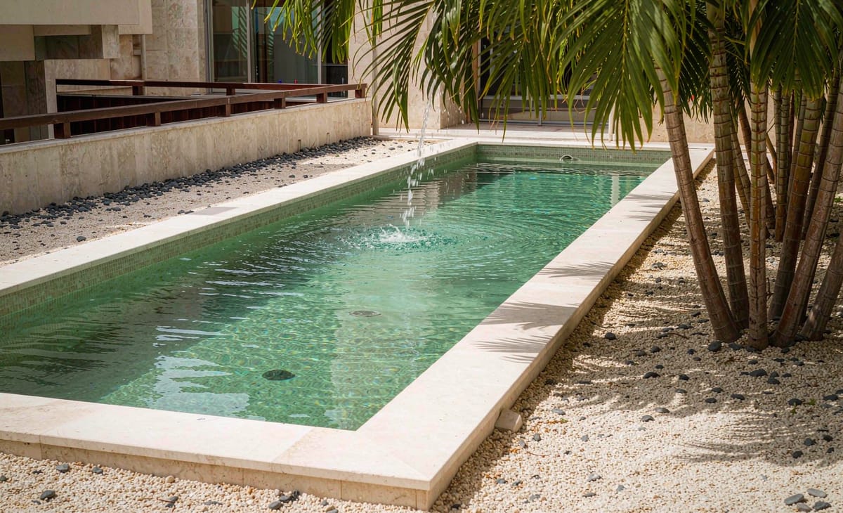 Light stone ground cover around a swimming pool